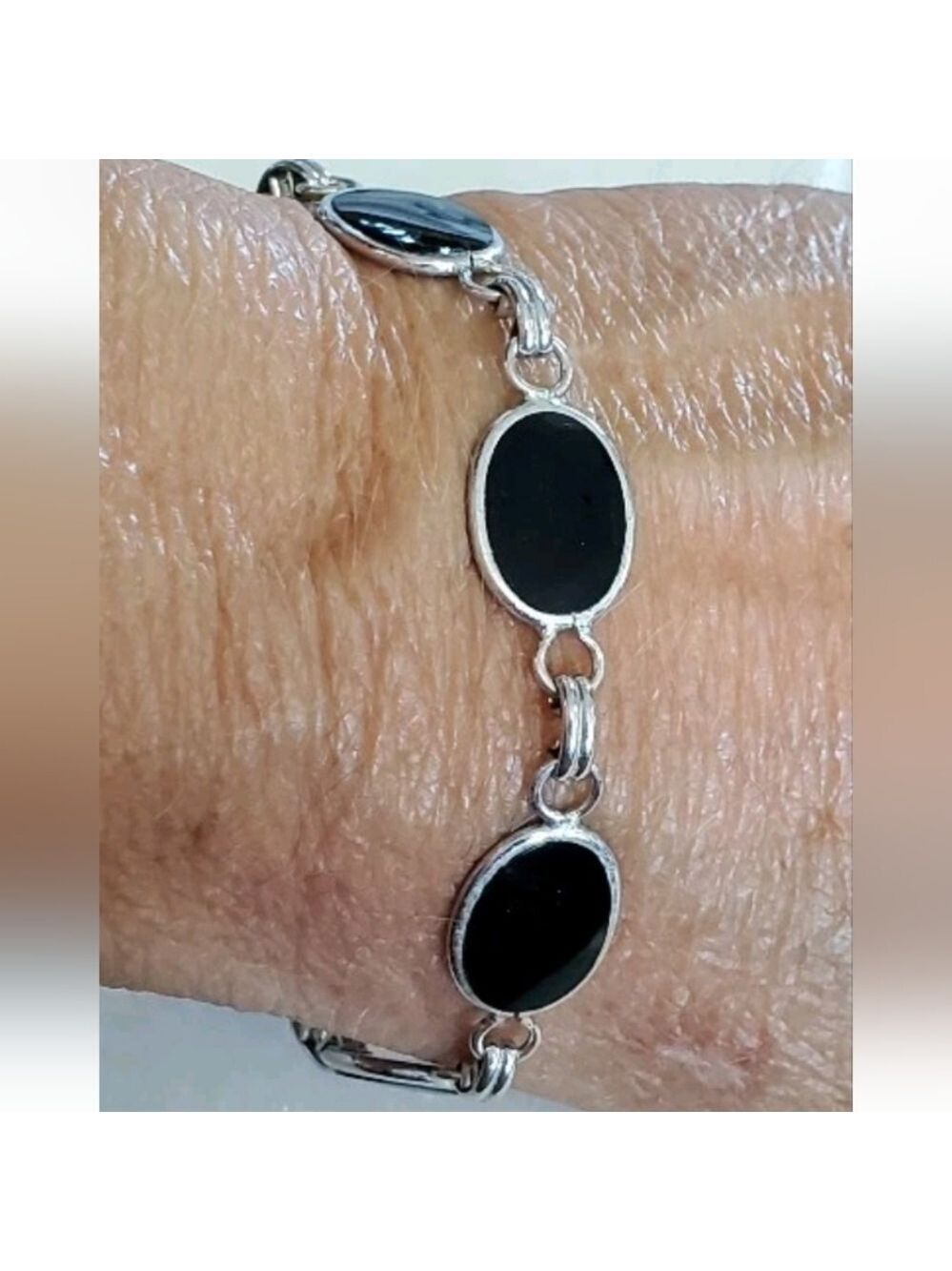 Christian Dior Sterling Silver Black Onyx Oval Link 7.5" Bracelet w/Safety Chain - Picture 5 of 7